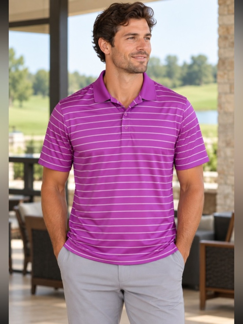 Adidas Golf Purple Pink Striped Performance Polo Shirt Men’s Large